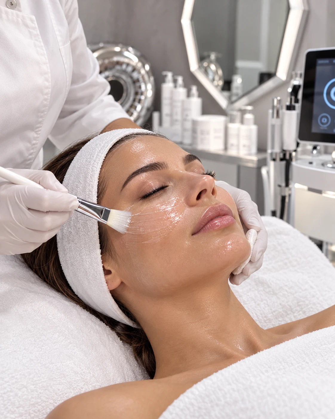 Illustrazione IA: applicazione cosmetica con pennello sul viso per la sezione Glass Skin